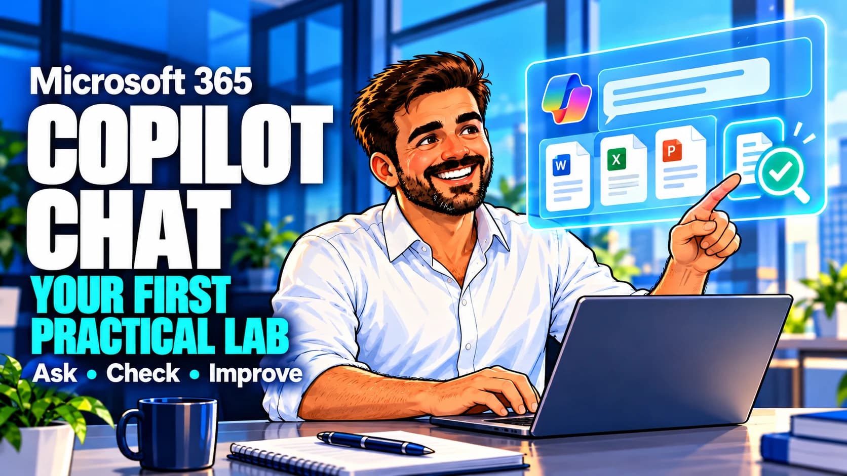 The blog character learning Copilot Chat and checking document sources.