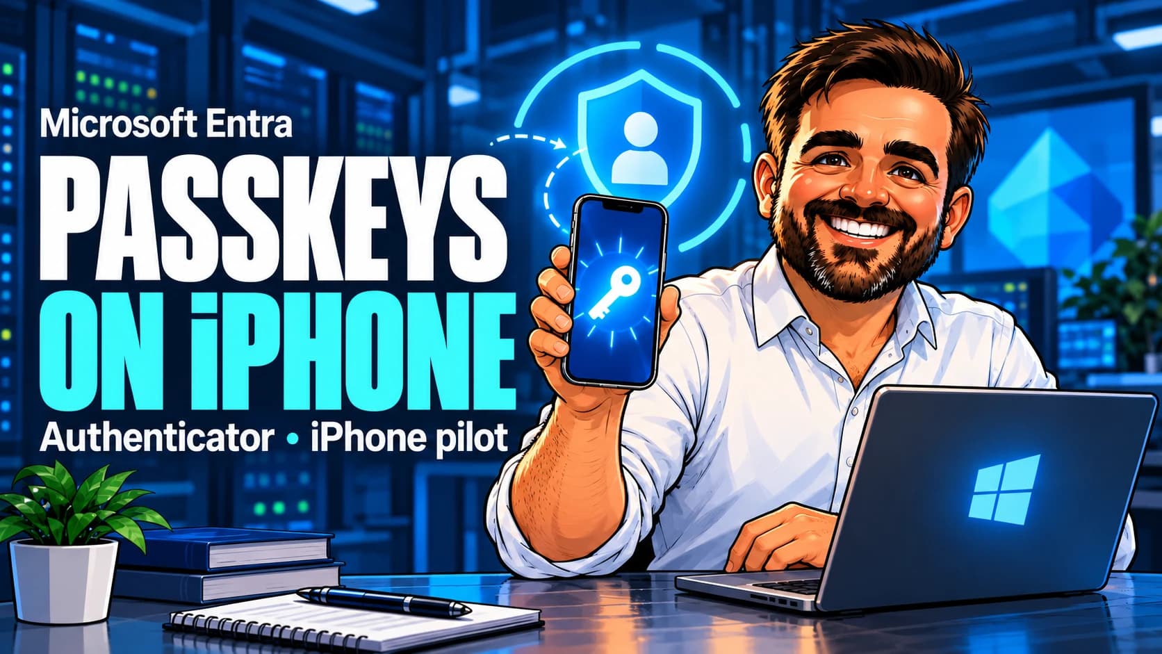 The blog's recurring illustrated administrator in a white shirt, holding an iPhone with a passkey icon beside a laptop.