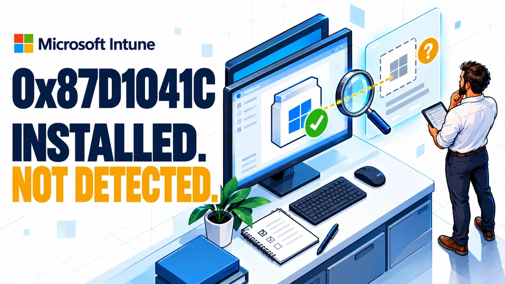 Isometric diagnostic workstation on a light background, with an installed application, a missing detection outline and an administrator examining the discrepancy. Text: 0x87D1041C, Installed. Not Detected.