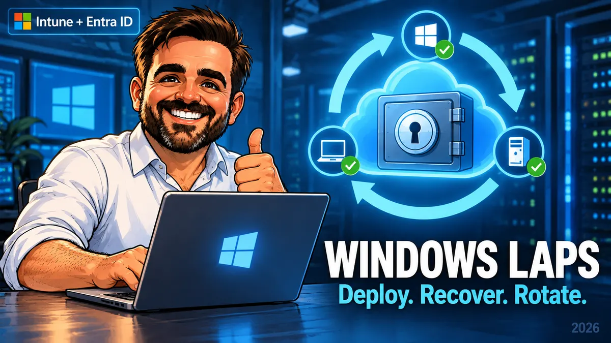 Illustrated administrator with a laptop, a cloud vault and password rotation arrows, titled Windows LAPS.