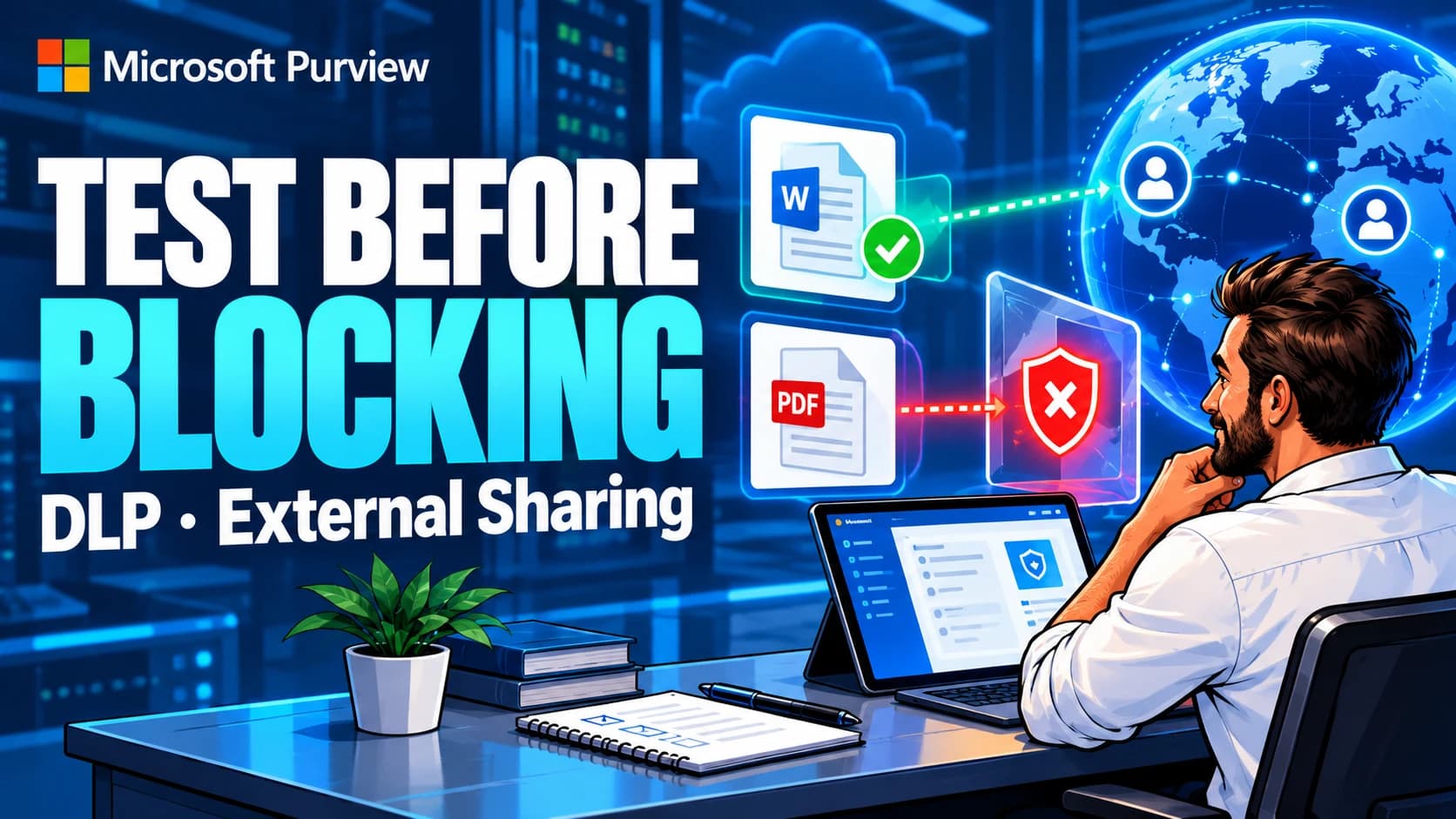 Illustrated administrator checks Microsoft Purview DLP document-sharing paths, with clean access allowed and sensitive content blocked.