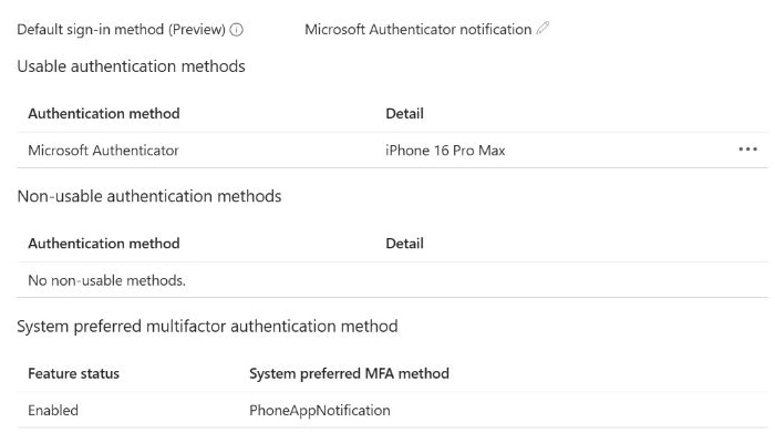 Initial pilot method list showing Authenticator, with no phone or passkey listed.