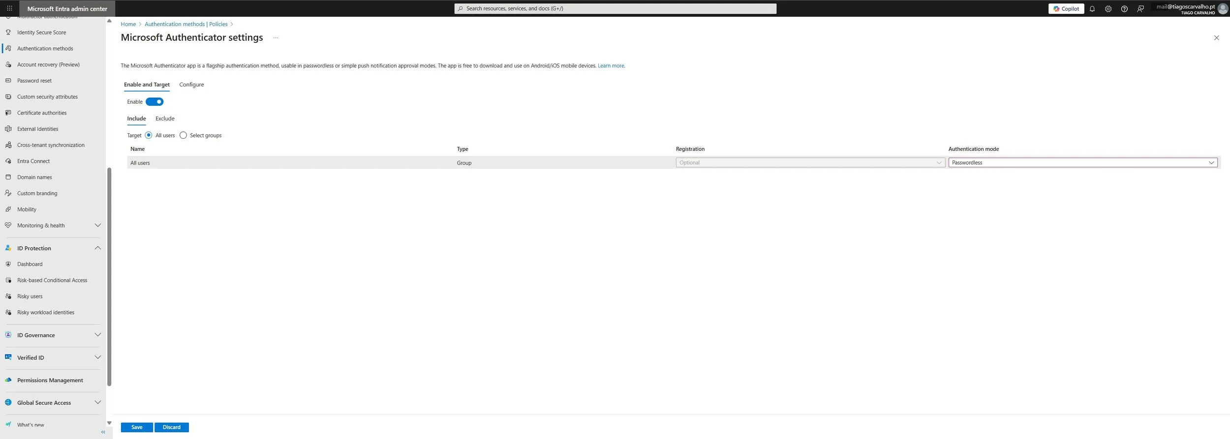 Enable Microsoft Authenticator for passwordless sign-in