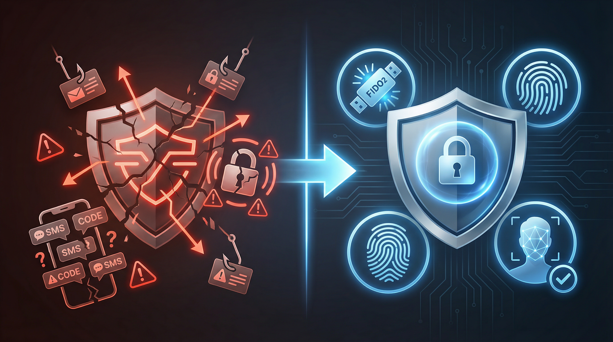 Hero image showing the transition from vulnerable traditional MFA to secure phishing-resistant MFA