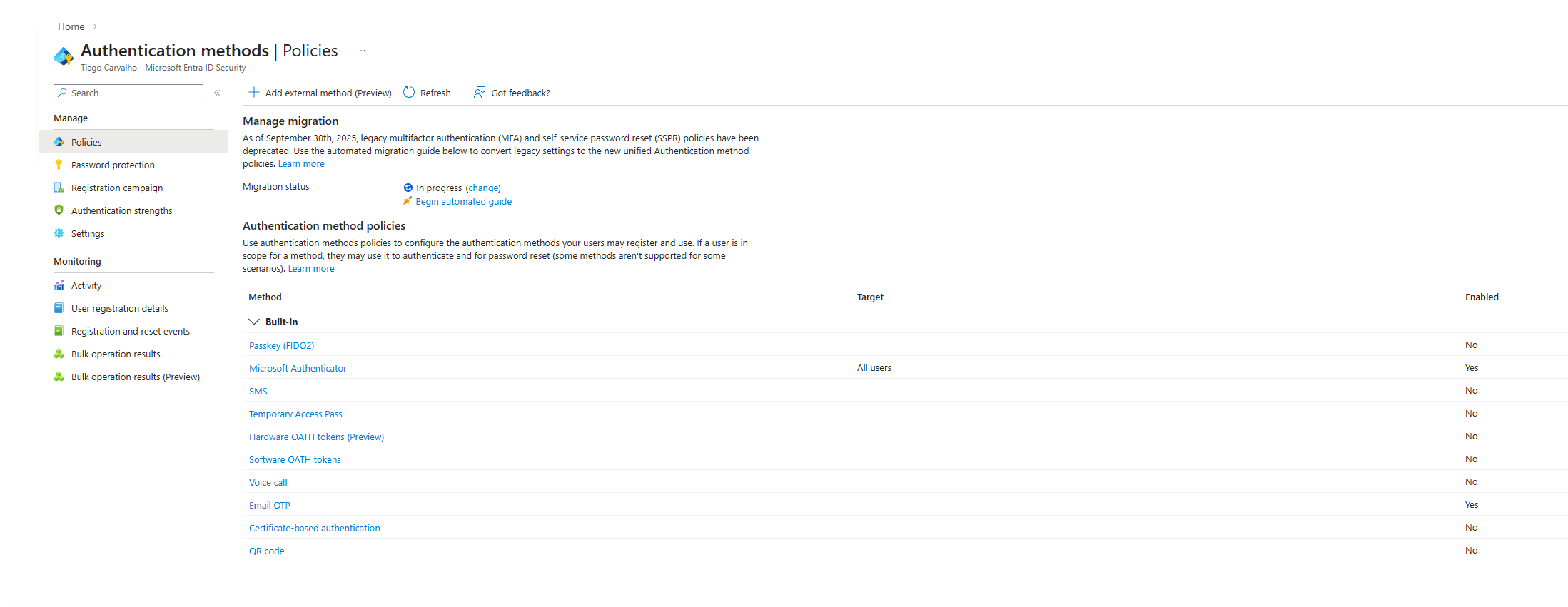 Screenshot of the Authentication Methods Policies page in Microsoft Entra ID