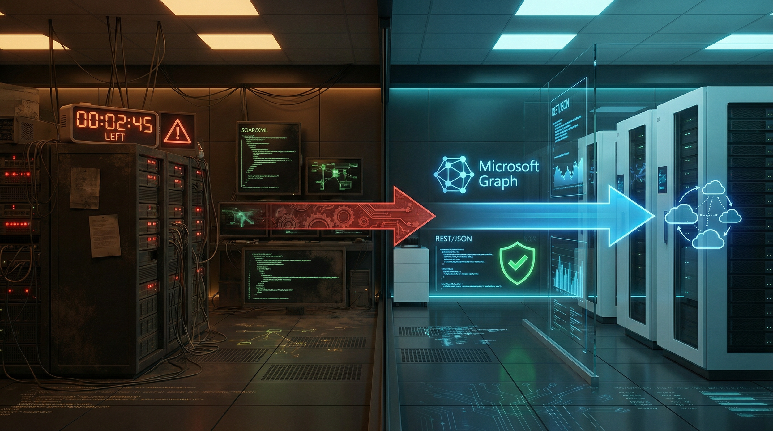 Legacy EWS server room transitioning to modern Microsoft Graph cloud infrastructure