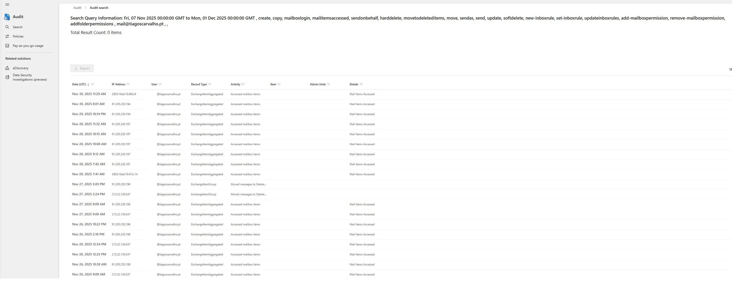 Screenshot 4: Searching for mailbox audit logs in the Microsoft Purview compliance portal.