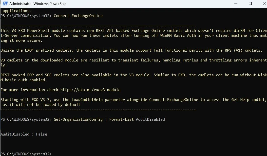 Screenshot 1: Verifying that organization-wide auditing is enabled.