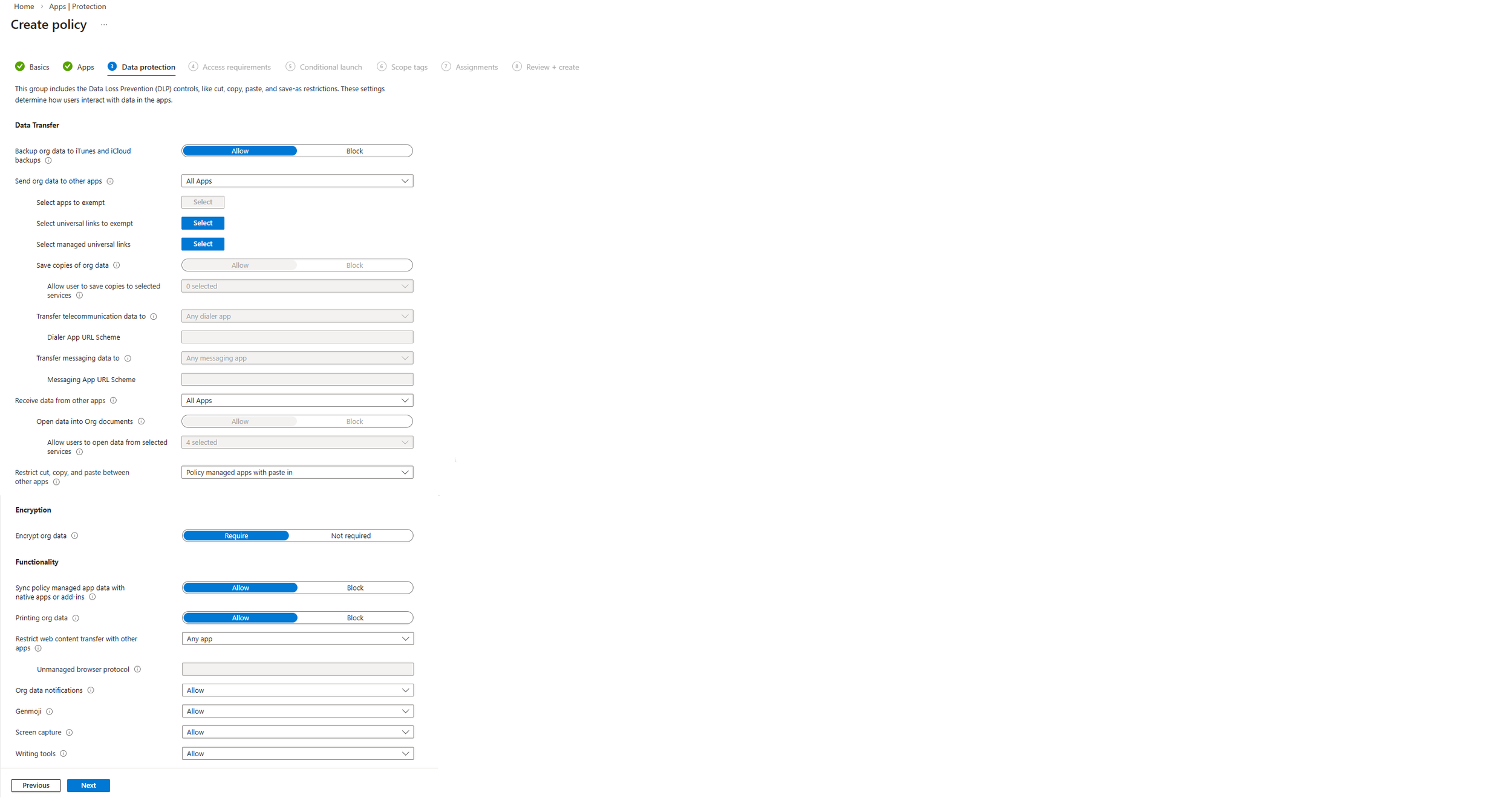 Data Protection Settings in Intune App Protection Policy