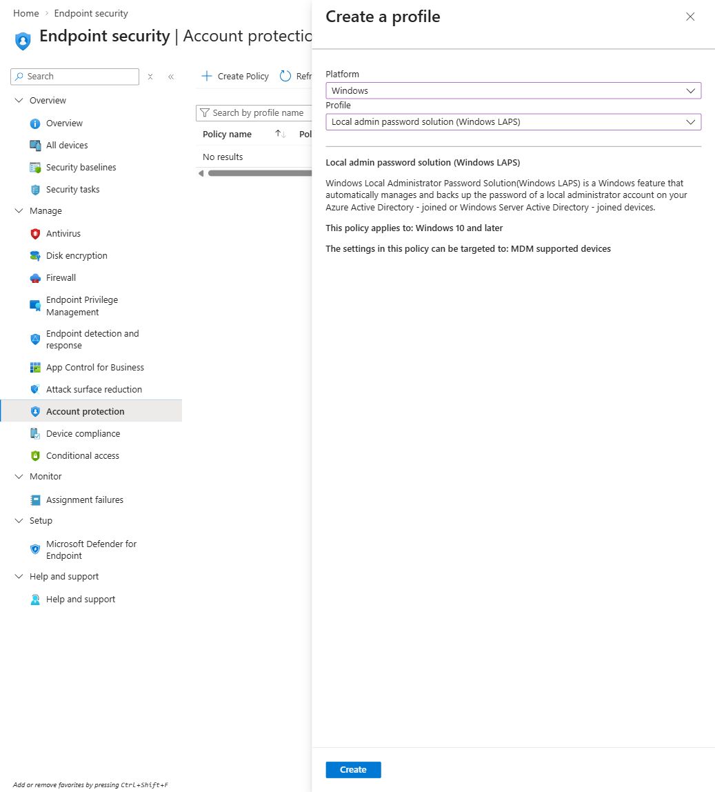 Intune Create a profile pane with Windows and Local admin password solution Windows LAPS selected.
