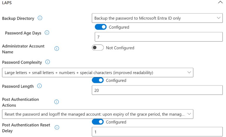 Configured Entra backup, seven-day age, improved-readability complexity, twenty-character length and one-hour post-authentication delay.
