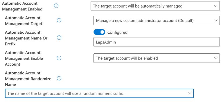 Automatic LAPS account management enabled for a new custom account, with prefix LapsAdmin, account enabled and name randomisation enabled.