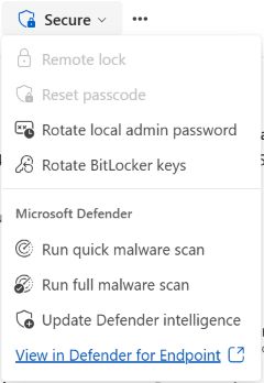 Intune Secure menu with Rotate local admin password available.