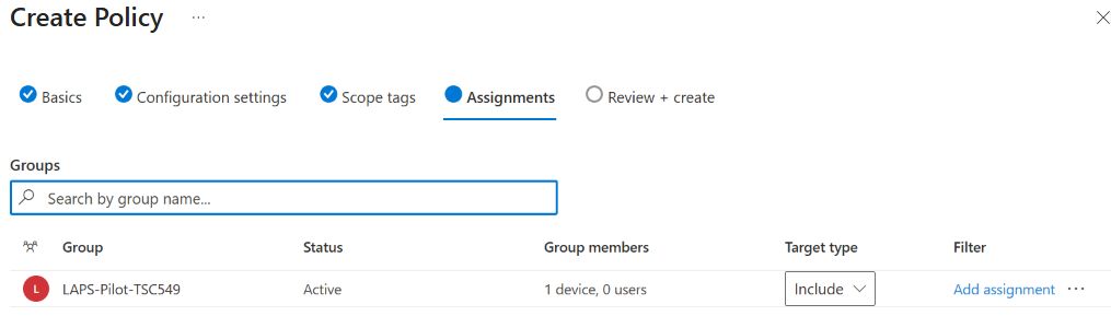 Assignments page including LAPS-Pilot-TSC549 with one device and zero users.