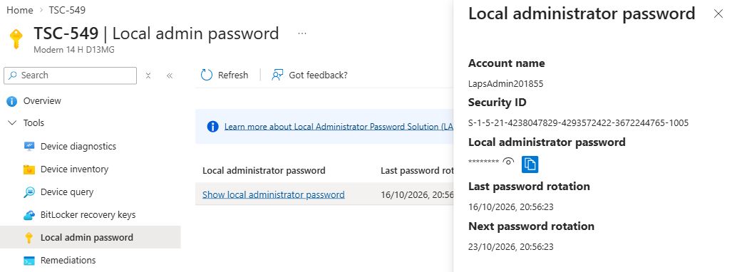 TSC-549 recovery pane showing LapsAdmin201855, its SID, a masked password and the initial and next rotation dates.