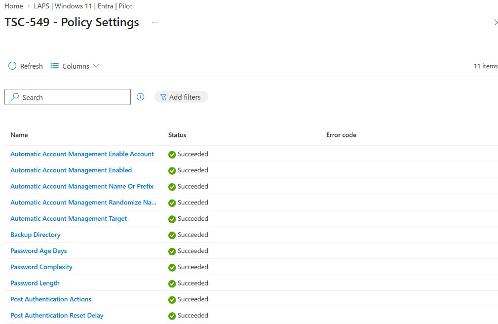 TSC-549 Policy Settings report with all eleven Windows LAPS settings marked Succeeded and no error codes.