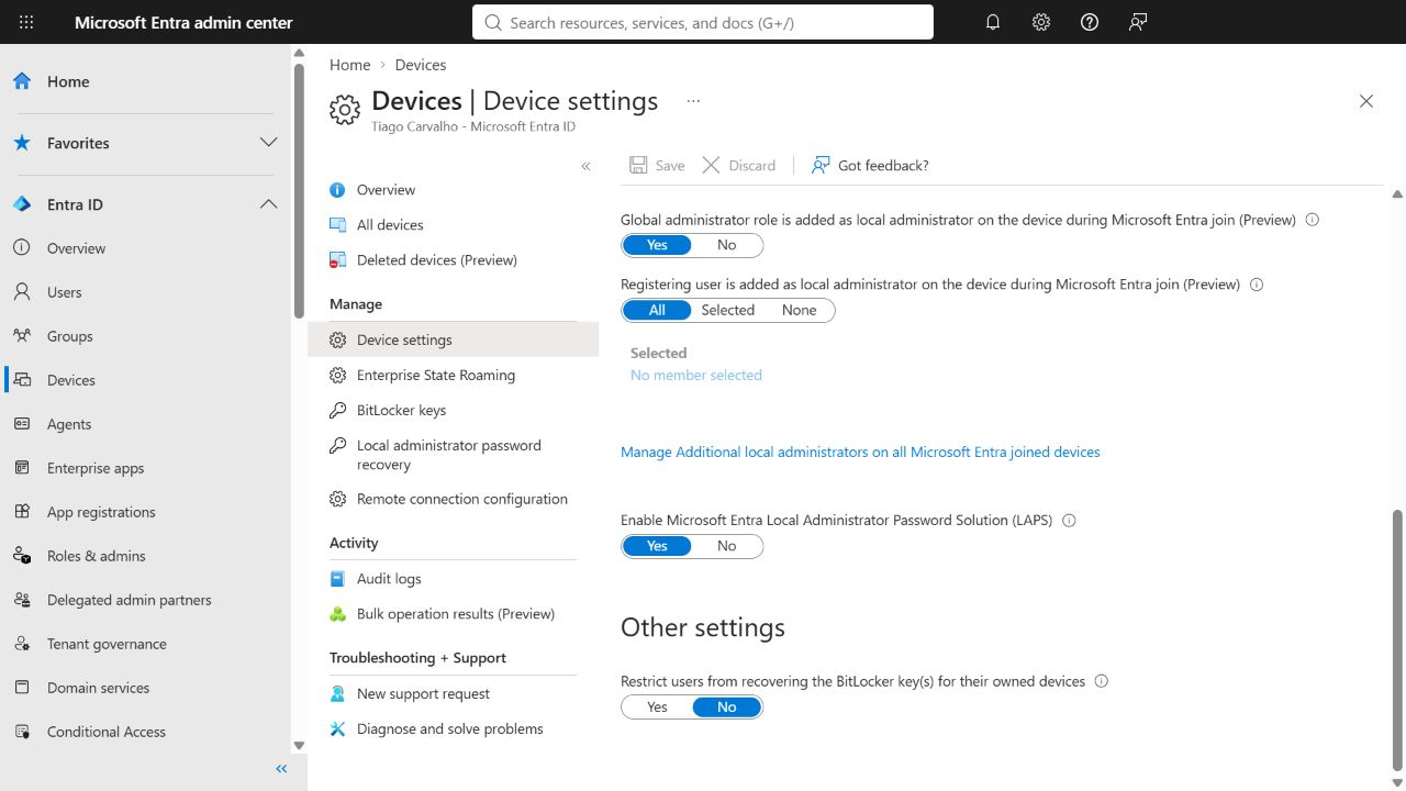 Entra device setting for Local Administrator Password Solution with the saved Yes state.
