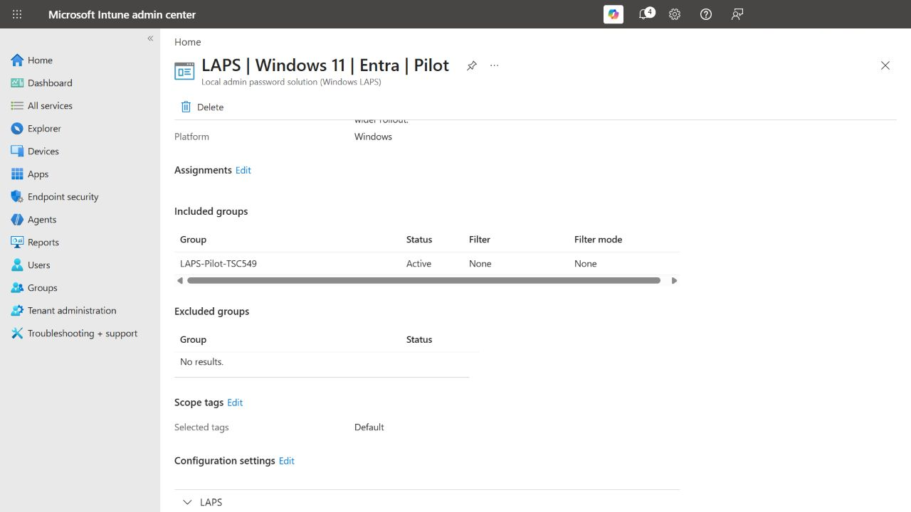 Saved LAPS policy showing the active LAPS-Pilot-TSC549 group and no excluded groups.