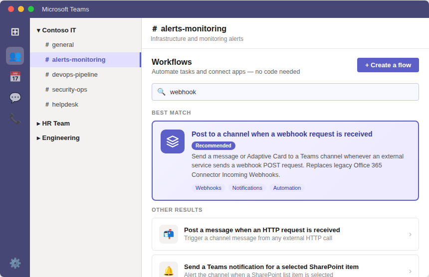 Workflows app in Microsoft Teams showing the webhook template — Post to a channel when a webhook request is received