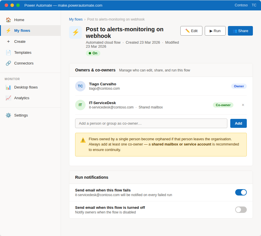 Power Automate flow Share screen showing owner, co-owner field, orphan warning, and run failure notifications