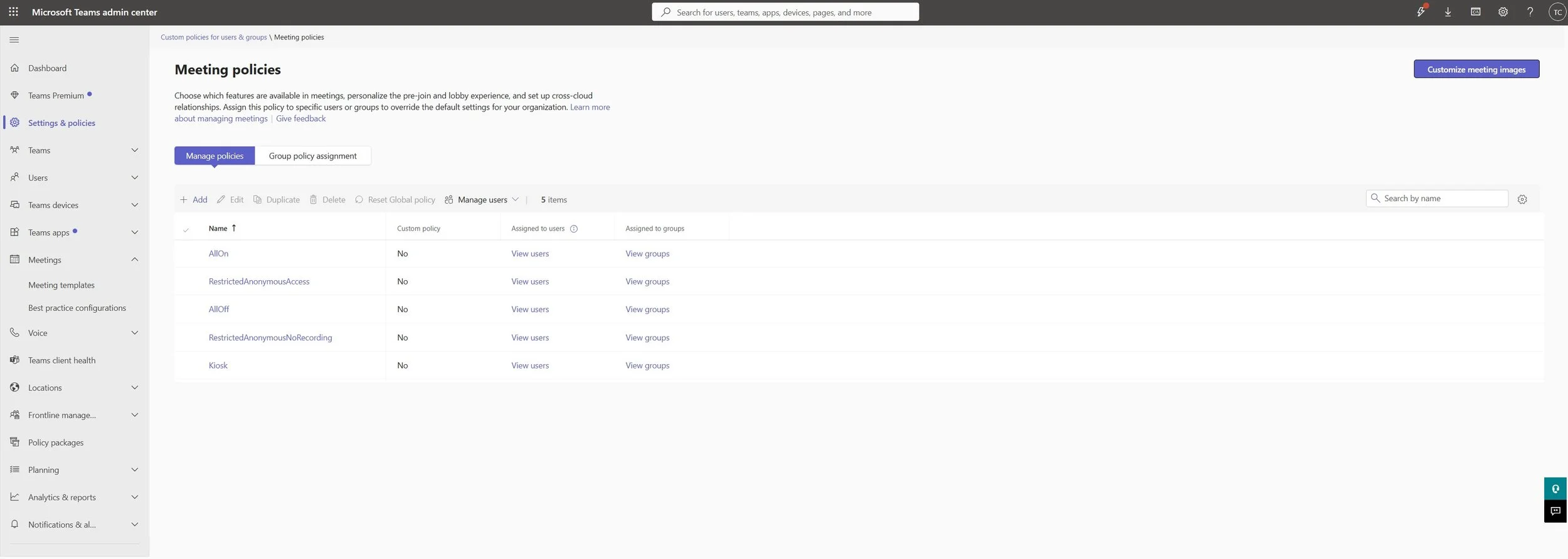 Screenshot 1: The Teams admin center showing the Meeting policies page.