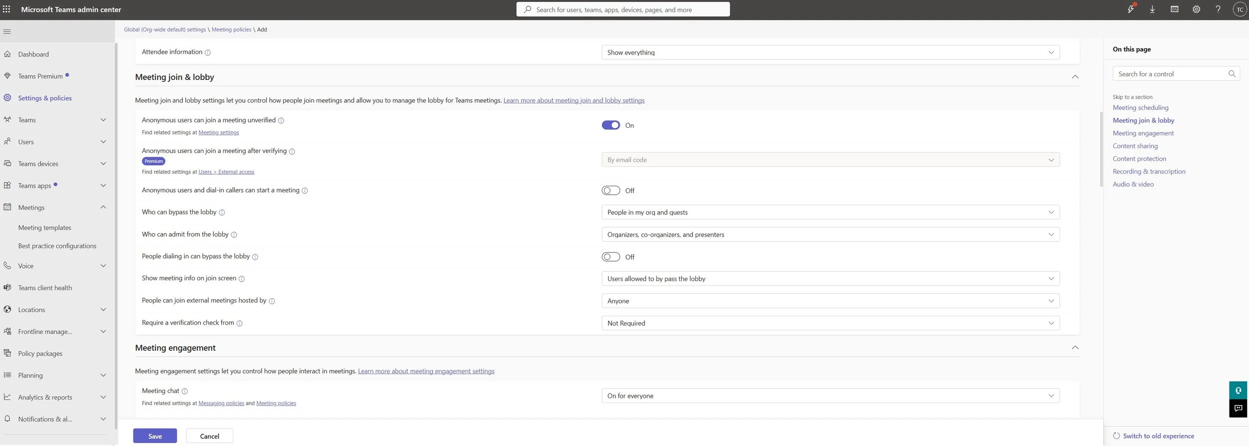 Screenshot 3: Configuring the Meeting join & lobby settings for enhanced security.
