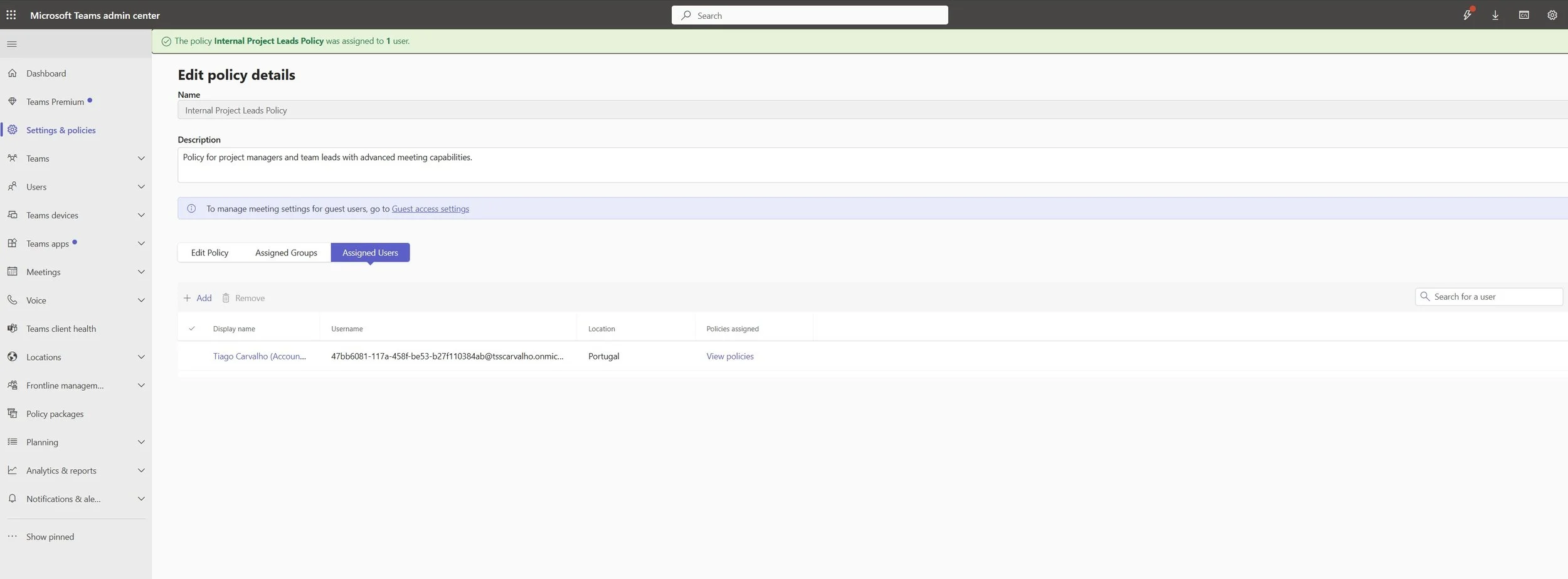 Screenshot 4: Assigning the custom meeting policy to specific users.
