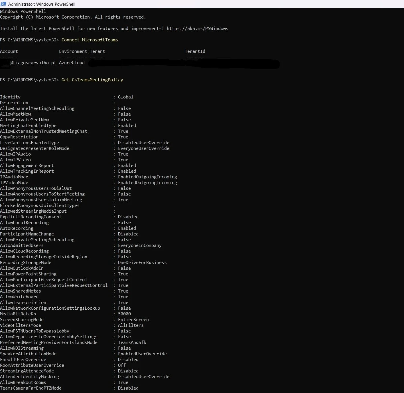 Screenshot 5: Using PowerShell to retrieve all Teams meeting policies.