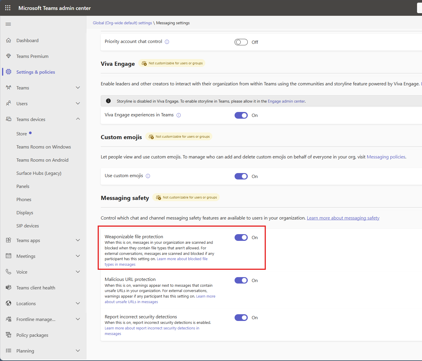 Teams Admin Center showing the Messaging Safety settings