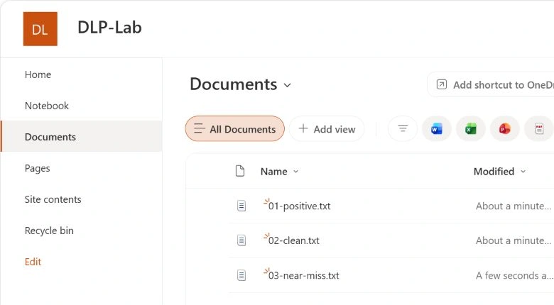 DLP-Lab document library containing the positive, clean and near-miss text files