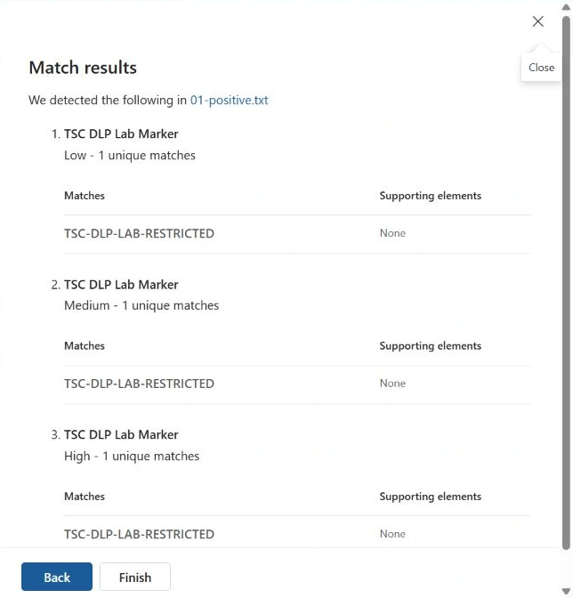 Purview test of 01-positive.txt showing one unique match at high confidence
