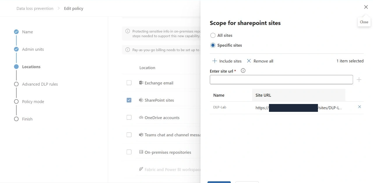Reopened policy showing Specific sites selected with one DLP-Lab entry and other locations unchecked