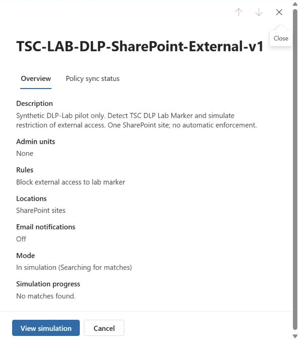 Saved lab policy overview showing SharePoint sites and In simulation, searching for matches