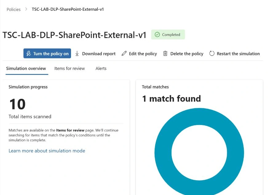 Simulation overview showing Completed, ten scanned items and one SharePoint match