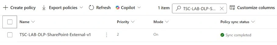 The single lab policy is On and its updated configuration shows Sync completed