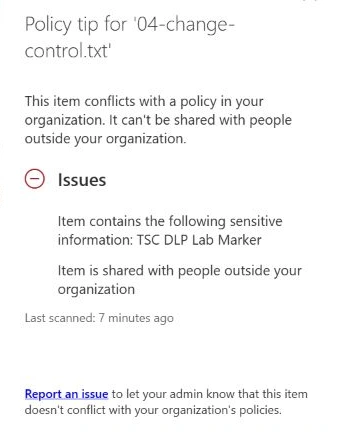 SharePoint policy tip for 04-change-control.txt identifying TSC DLP Lab Marker and restricting external sharing