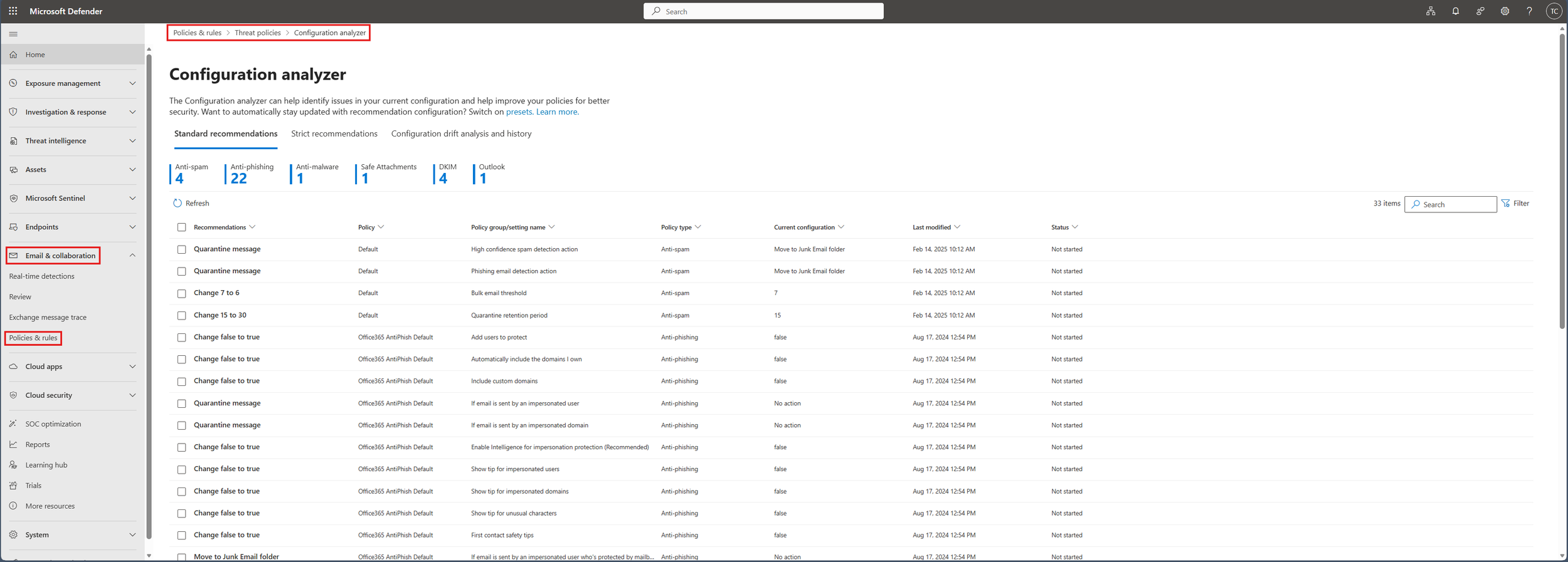Configuration Analyzer Standard Recommendations