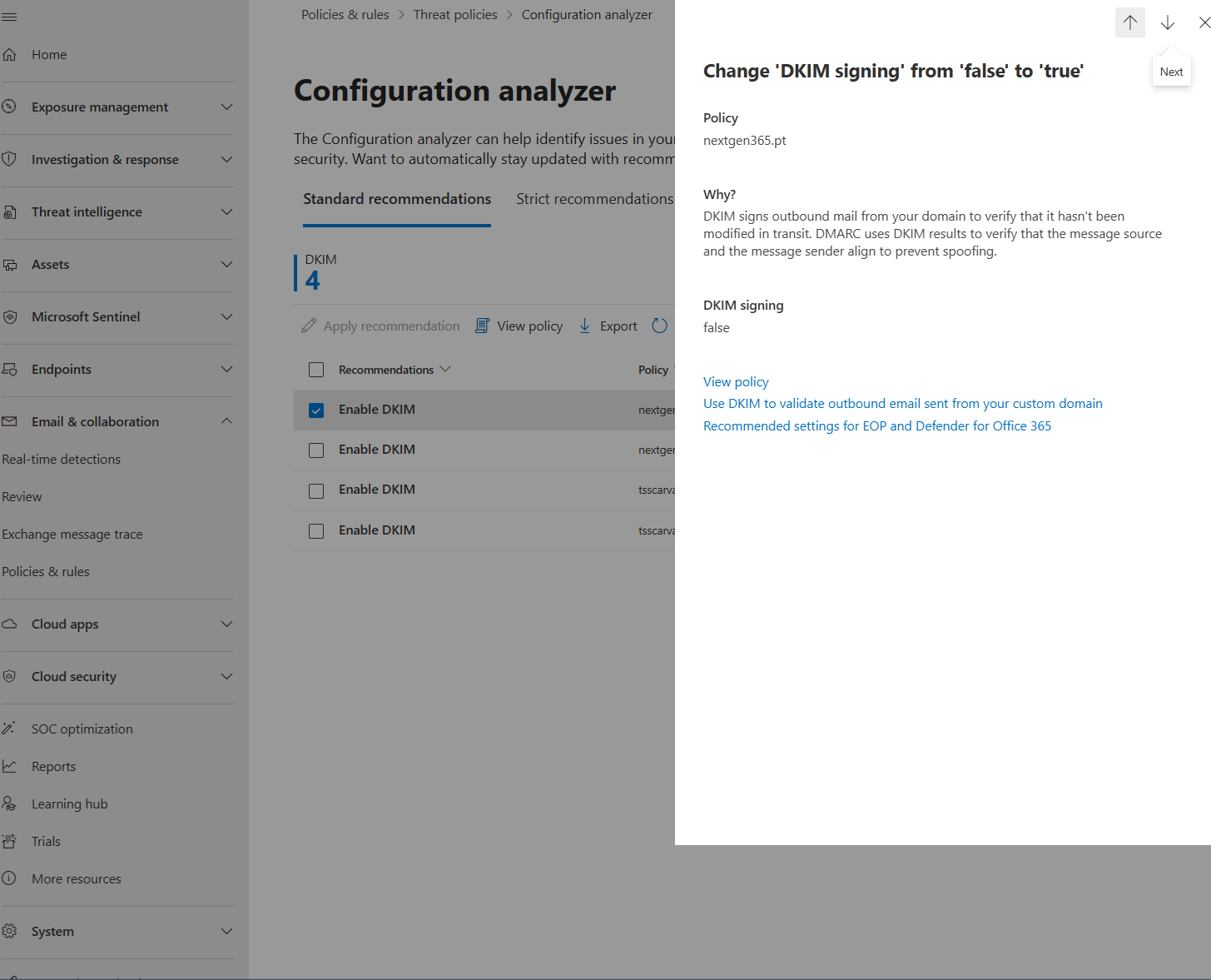 Detail panel for a DKIM recommendation