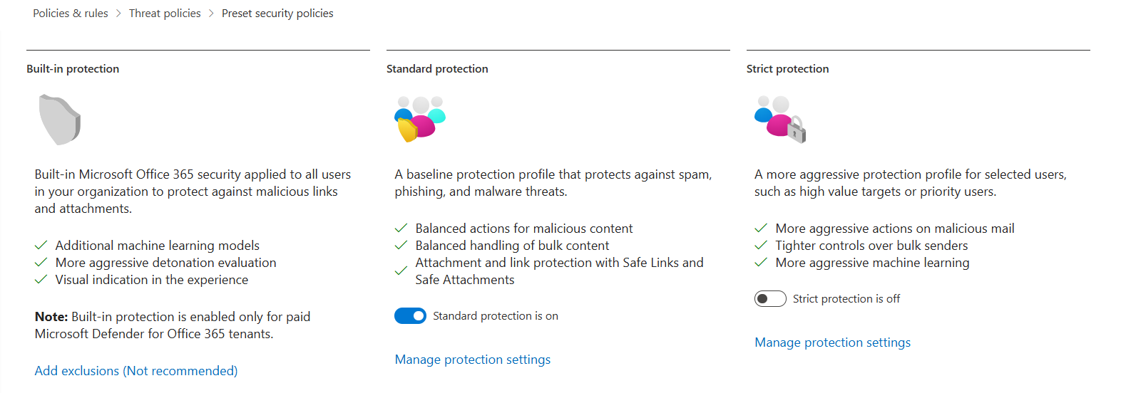 Preset Security Policies in Microsoft Defender