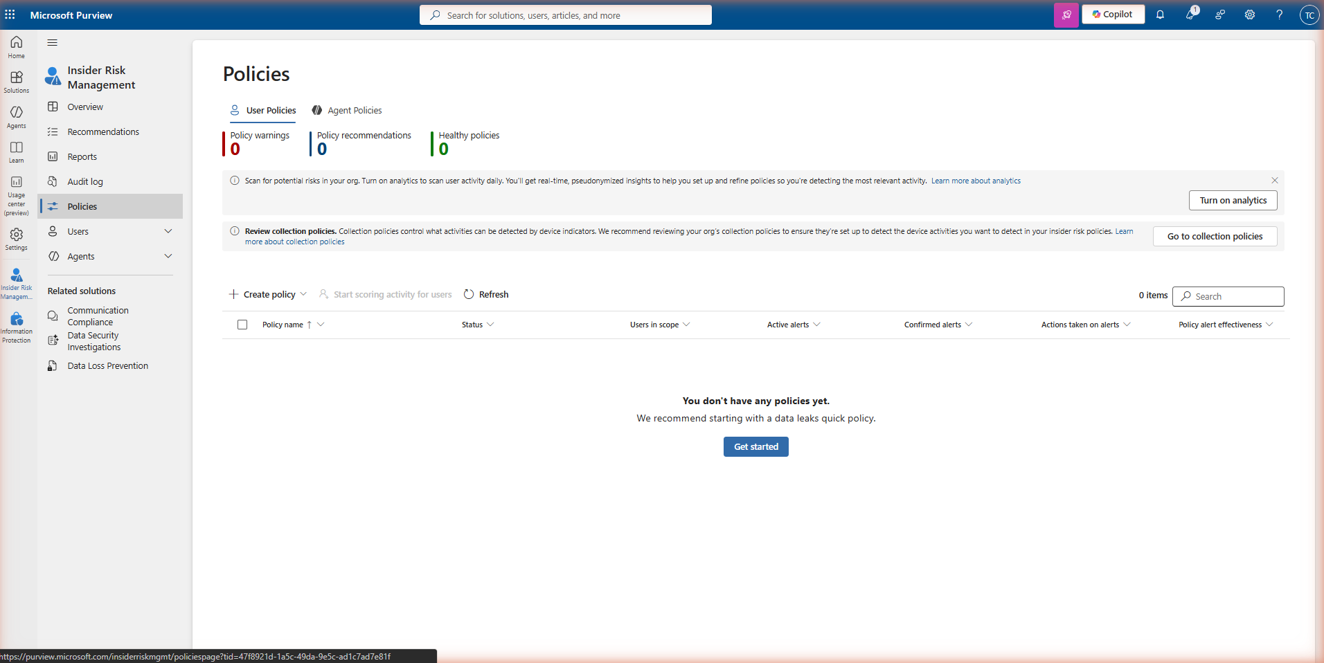Microsoft Purview Insider Risk Management — Policies page showing the policy list with status, template type, and last modified date. The '+ Create policy' button is visible in the toolbar.