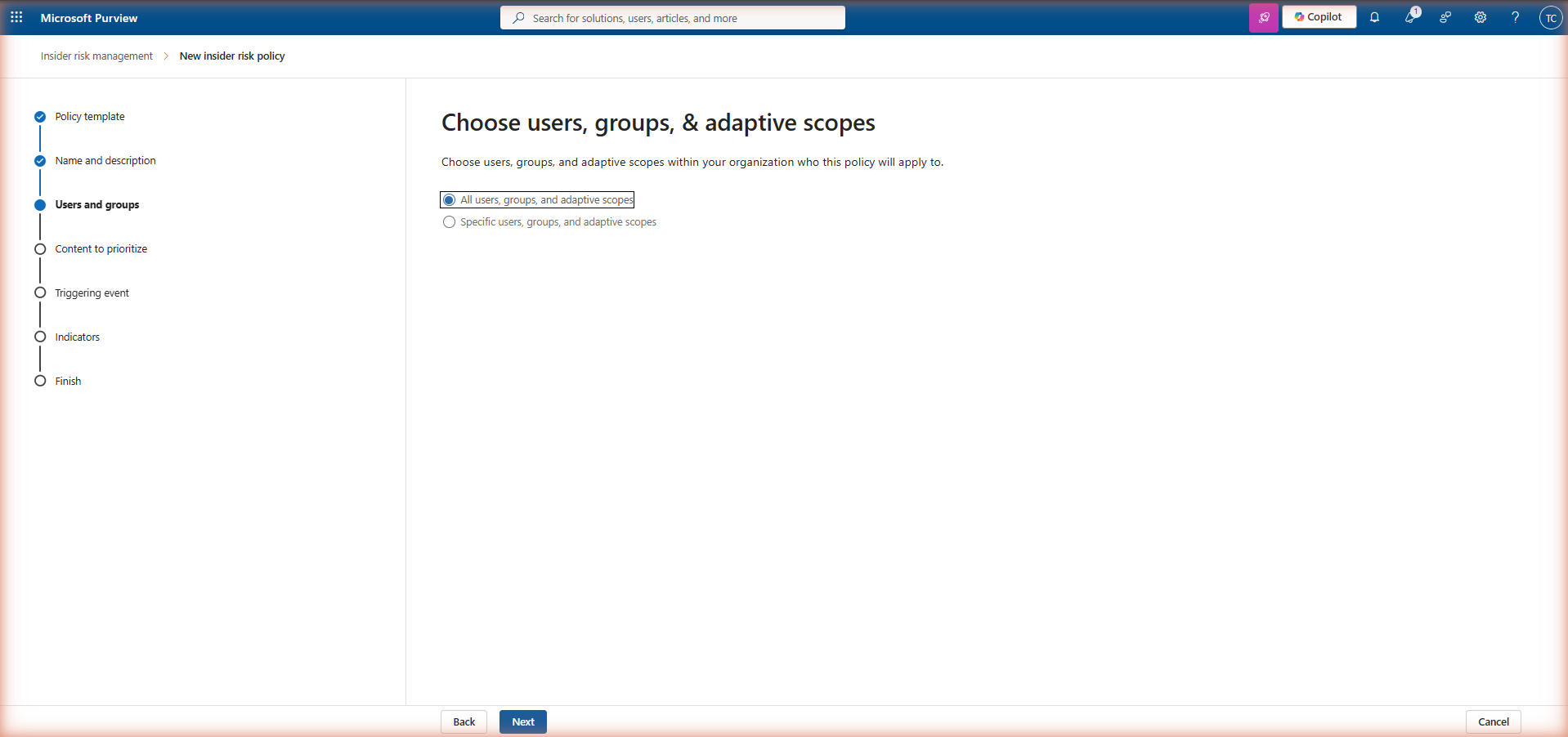 Insider Risk Management policy wizard — Users and groups step showing options to include all users and groups or select specific users and groups, with a search field for adding specific groups.