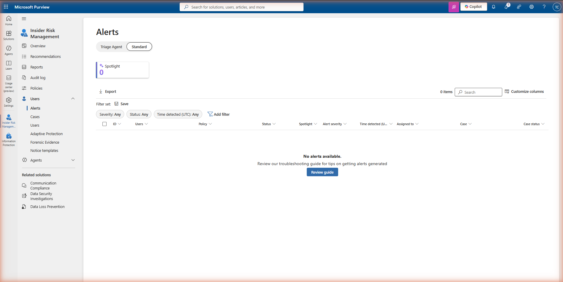 Microsoft Purview Insider Risk Management — Alerts page showing the alert queue with columns for alert ID, anonymised user, policy name, severity (High/Medium/Low), status (Needs review / Confirmed / Dismissed), and date. Filter controls are visible at the top.