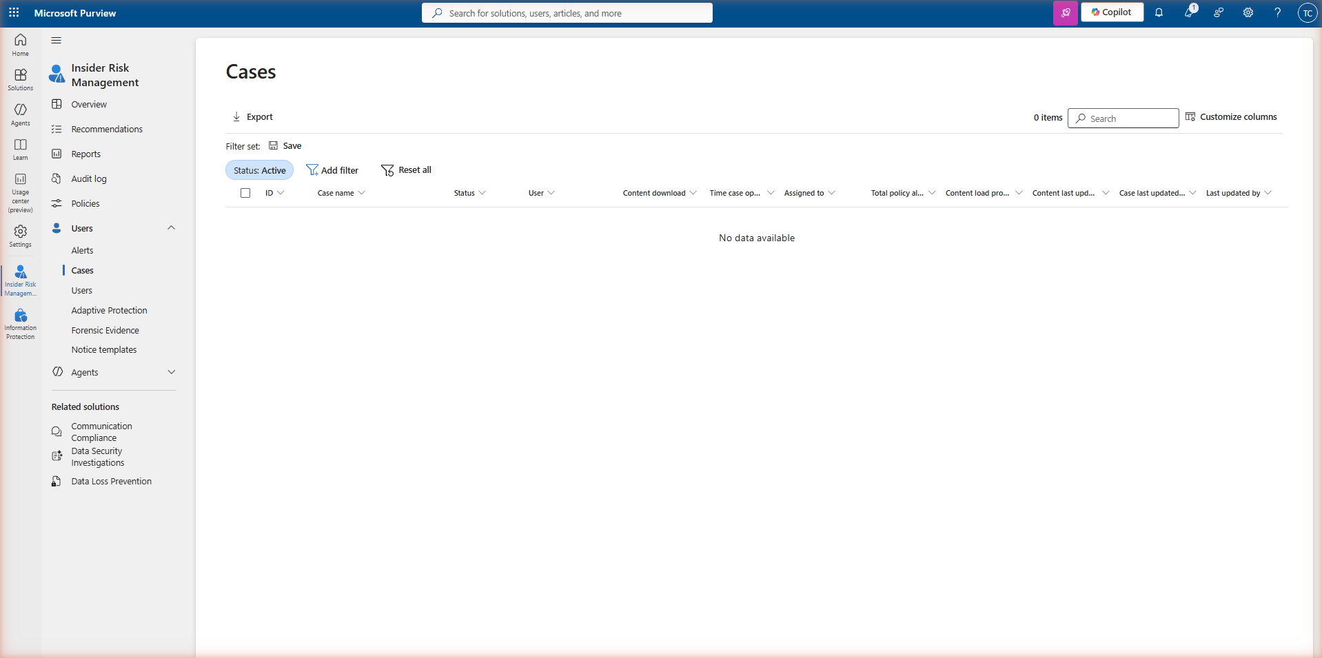 Microsoft Purview Insider Risk Management — Cases page showing a list of open and closed cases with columns for case name, anonymised user, policy, status (Active / Closed), severity, and date opened. The New case and Export buttons are visible.