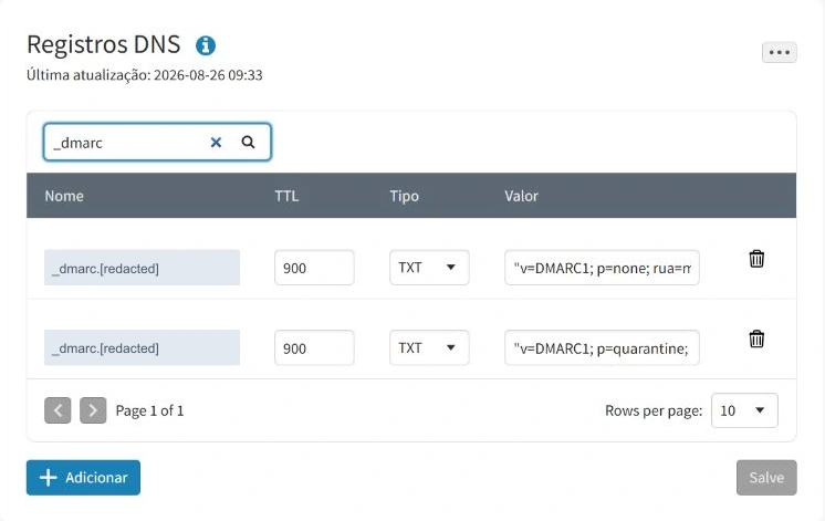 DNS provider showing two TXT rows at the same redacted DMARC name, one with p=none and one with p=quarantine, both with TTL 900.